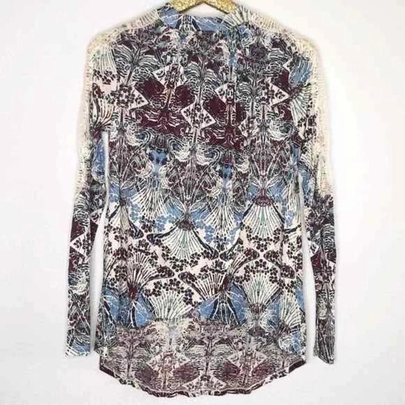 Free People New World Long Sleeve Top Linen Blend Purple Blue Ivory Lace… - Picture 3 of 6